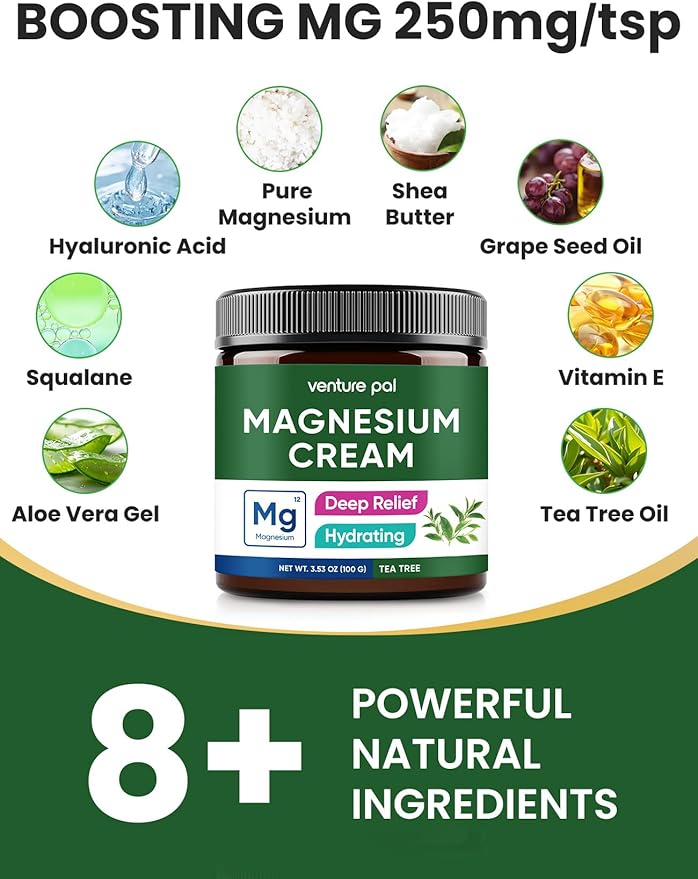 Venture Pal Magnesium Lotion, Topical Magnesium Cream for Sleep, Leg Cramps & Pain, Muscle Relaxation, Calm, Moisturizing Supplement with Coconut Oil, Shea Butter & Hyaluronic Acid, Safe for Kids