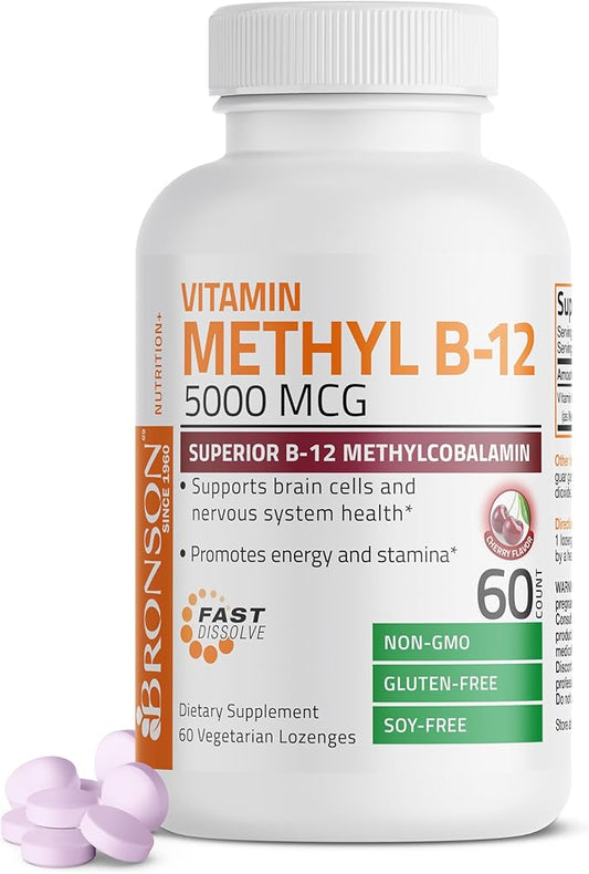 Bronson Methyl B12 5000 mcg Vitamin B12 Methylcobalamin Energy & Brain Support 60 Lozenges