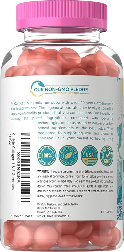 Carlyle Collagen Gummies | Strawberry Flavor Beauty Supplement | Hydrolyzed Collagen Peptides for Women & Men | Type 1 & 3 | Non-GMO, Gluten Free