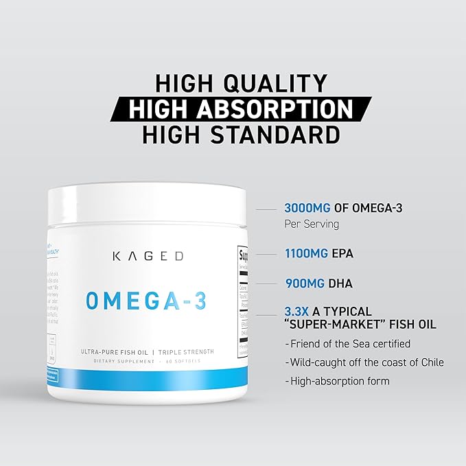 Kaged Omega 3 Fish Oil Supplement, 3000mg Omega 3 Fatty Acid with EPA & DHA, Ultra-Pure, No Fish Burps, 60 Pills
