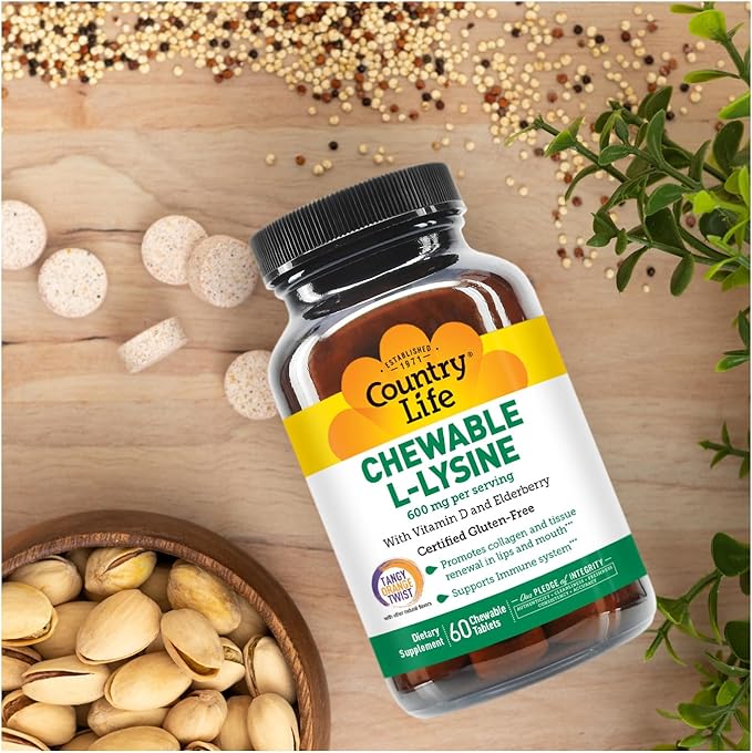 Country Life Chewable L-Lysine Supplement with Vitamin D and Elderberry, Immune Support and Collagen Renewal for Skin Tissue, Ideal for Adults