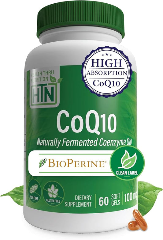 Health Thru Nutrition CoQ-10 100mg with BioPerine 60 Softgels | High Absorption Naturally Fermented USP Grade Coenzyme Q10 Supplement | 3rd Party Tested | Heart Health and Energy Support