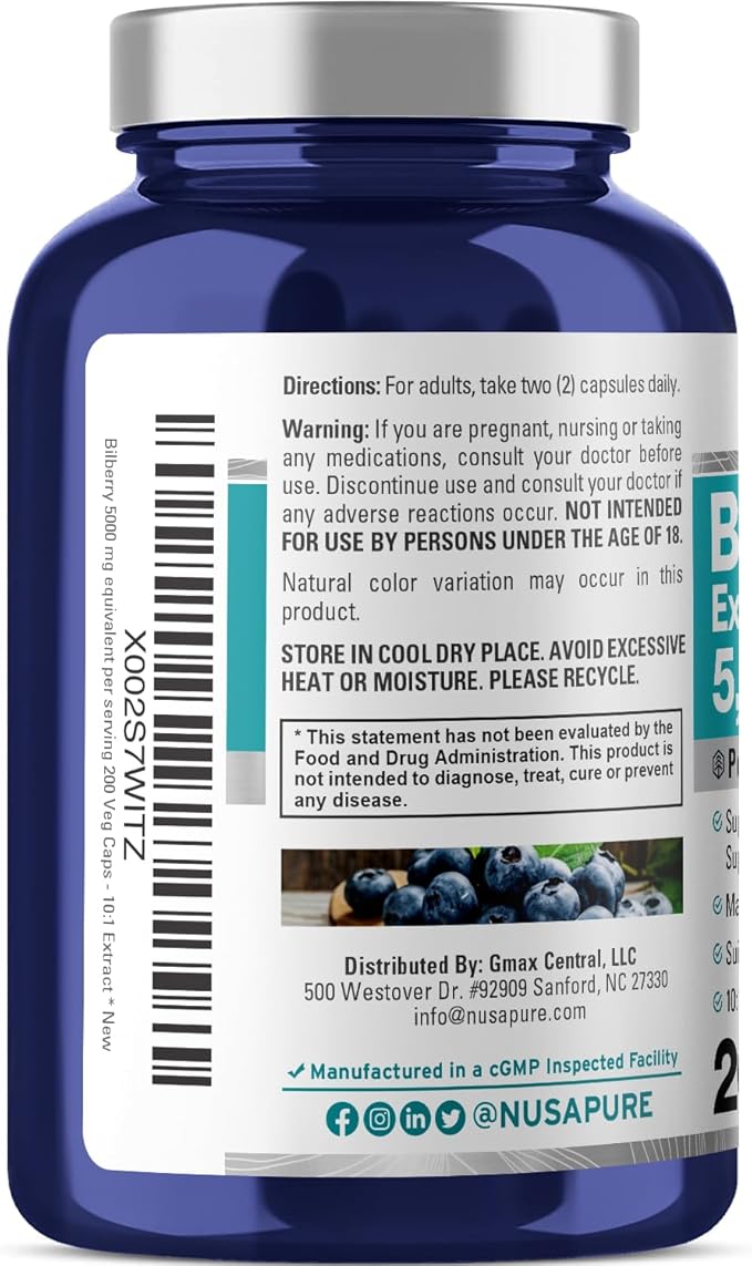 NusaPure Bilberry Extract 5,000mg 200 Vegetarian caps (Non-GMO, Vegan)