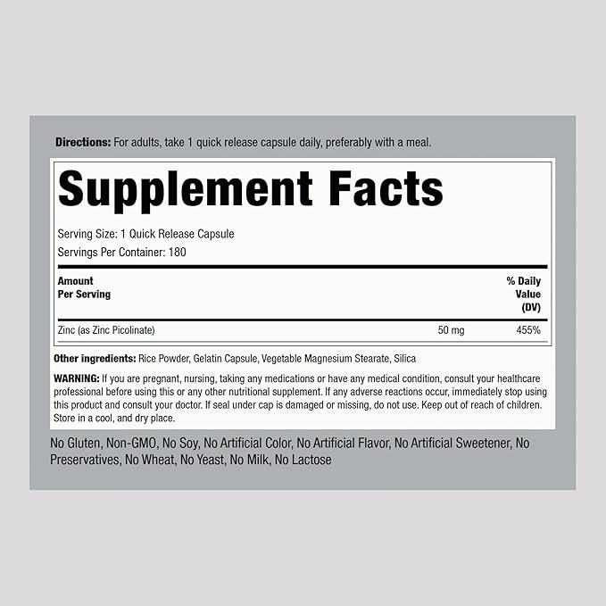 Piping Rock Zinc Picolinate 50mg | 180 Capsules | Non-GMO, Gluten Free Supplement