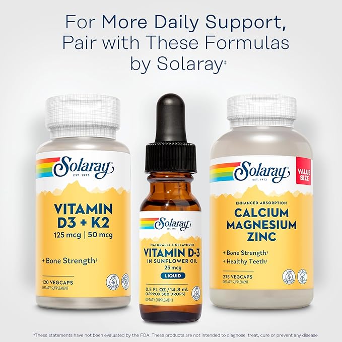 SOLARAY Vitamin D3 Liquid Drops 25 mcg (1000 IU) - Enhanced Absorption Vitamin D Drops in Sunflower Oil for VIT D3 Support - Naturally Unflavored, Dropper Included - Approx. 500 Servings, 0.5oz