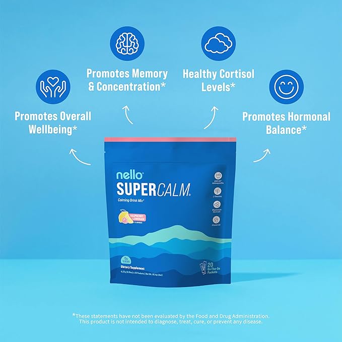 Supercalm Powdered Drink Mix, Raspberry Lemonade, L Theanine, Ksm-66 Ashwagandha, Magnesium Glycinate, Vitamin D 3, Supplements for Relaxation & Focus, No Sugar, Non GMO, On The Go, 20 Ct
