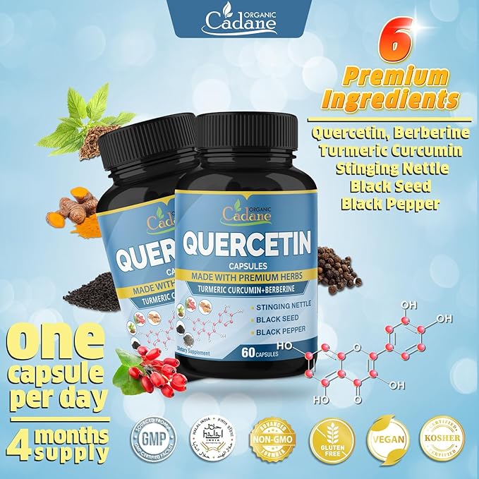 Organic Cadane 2 Packs Quercetin Supplements Capsules, 6in1 with Turmeric, Berberine, Stinging Nettle, Black Seed, Black Pepper - Supports Immune System - 4 Months Supply