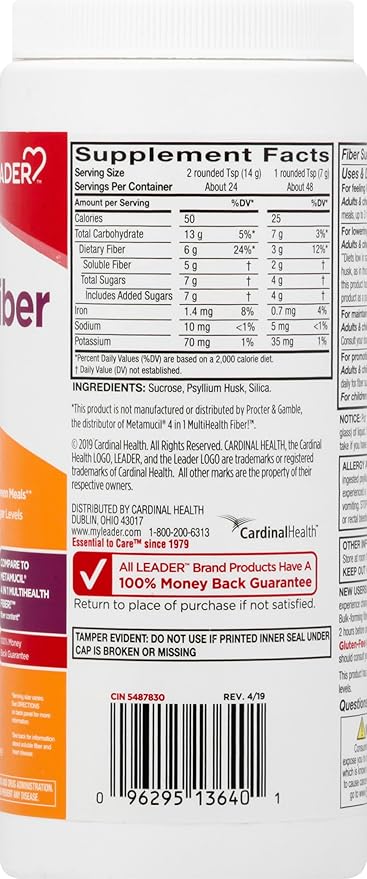 Leader Psyllium Husk Powder Supplement 4-in-1 Fiber for Digestive Health, Plant Based 100% Natural Psyllium Husk Daily Fiber, Gluten Free, Non-GMO, Compare to Meta-mucil Multihealth (13 OZ)