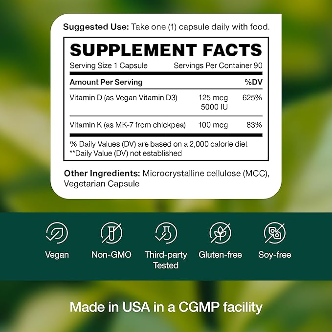 Fresh Nutrition Vegan Vitamin D3 + K2 Capsules - 5000 IU D3 + 100mcg K2 as MK-7 for Optimal Absorption - Immune Health, Bone Health, Mood - Non GMO - 90 Capsules, 3 Month Supply