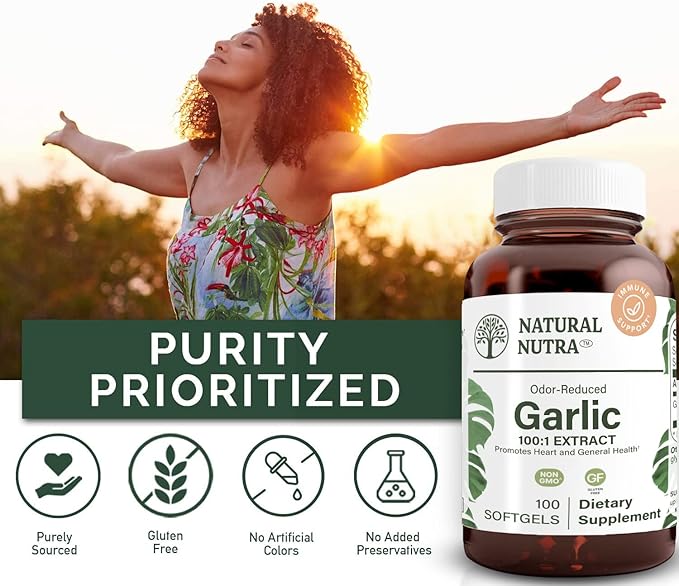 Natural Nutra Odorless Garlic Oil Supplement, Organic Pills for Boost Heart Health & Skin Health, Enhance Immune System, Reduce Cyclical Issue, Maintain Body Fat Oil, Allium Sativum 500mg,100 Softgels