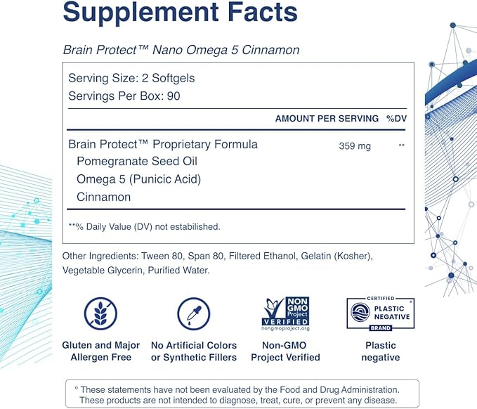 3 MONTH SUPPLY Brain Protect™ Nano Omega 5 Cinnamon Brain Supplement for Memory Focus Patent-Pending Nano-Formulation Antioxidant 180 Softgels Pomegranate Seed Punicic Acid
