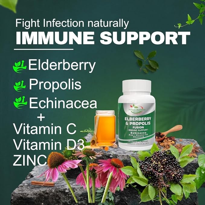 Propolis Extract Organic Elderberry with Echinacea, Vitamin D3, Vitamin C and Zinc. Elderberry Immune Support Supplement with Bee Propolis. Daily Immune Booster. Propolis and Elderberry Fusion