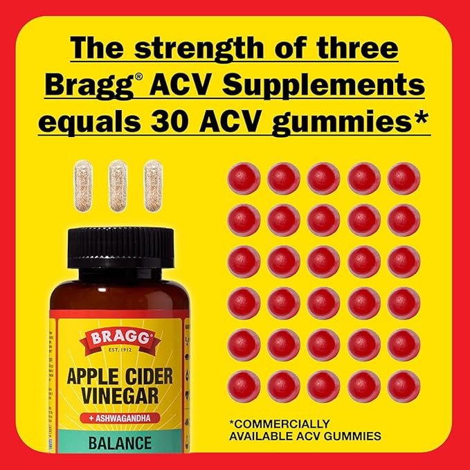 BRAGG Daily Balance Apple Cider Vinegar and Sensoril Ashwagandha Capsules - 750mg of Acetic Acid – Energy & Weight Management Support - (90 Pills)