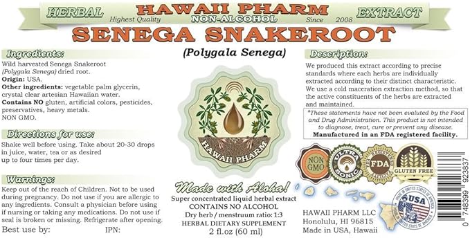 Senega Snakeroot Alcohol-Free Liquid Extract, Senega Snakeroot (Polygala Senega) Dried Root Glycerite Natural Herbal Supplement, Hawaii Pharm, USA 2 fl.oz