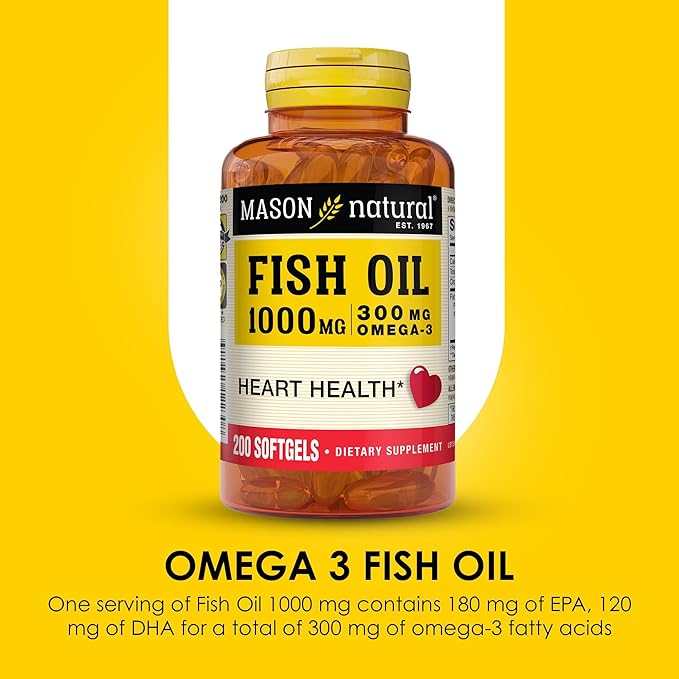 Mason Natural, Omega 3 Fish Oil 1000mg Softgels, Bonus Size 200-Count Bottle, Dietary Supplement Supports Heart, Eye, Brain and Joint Health with Omega 3 Fatty Acid Healthy Fats
