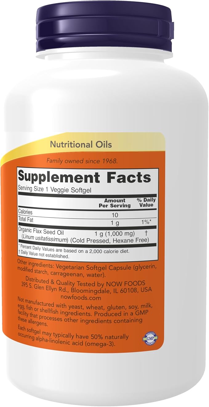 NOW Foods Supplements, Flax Oil 1000 mg with Essential Omega-3s, Cold Pressed, Hexane Free, Vegan Formula, 120 Veg Softgels