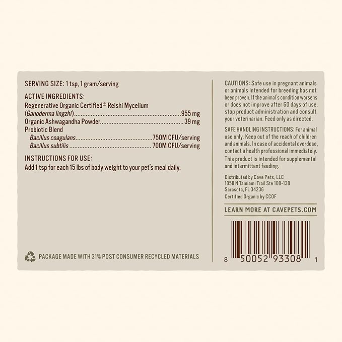 Super Blend Powder, Mushroom Mycelium and Dog Probiotic Supplement for Immunity and Digestive Health Support, Reishi & Probiotics, 90 Servings