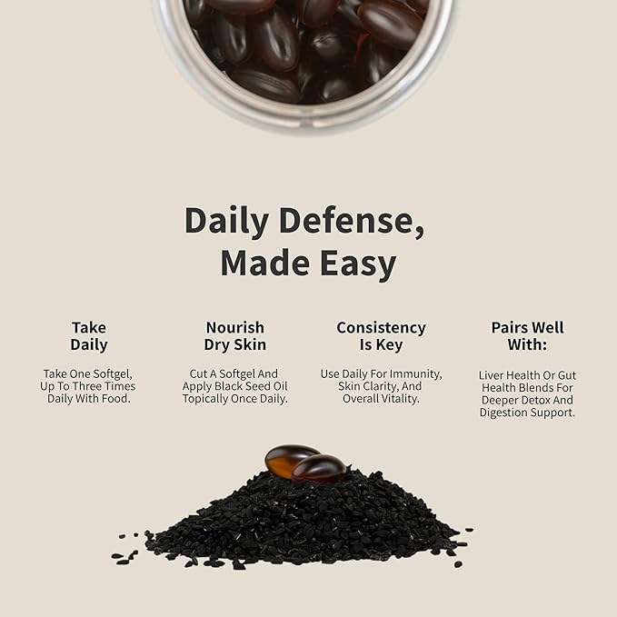 Black Seed Oil Capsules 100% Cold Pressed - Immune Support, Detox Aid, Inflammation Relief, Skin, Hair & Joint Health - Organic Black Cumin Seed, High Potency Nigella Sativa (90 Softgel Capsules)