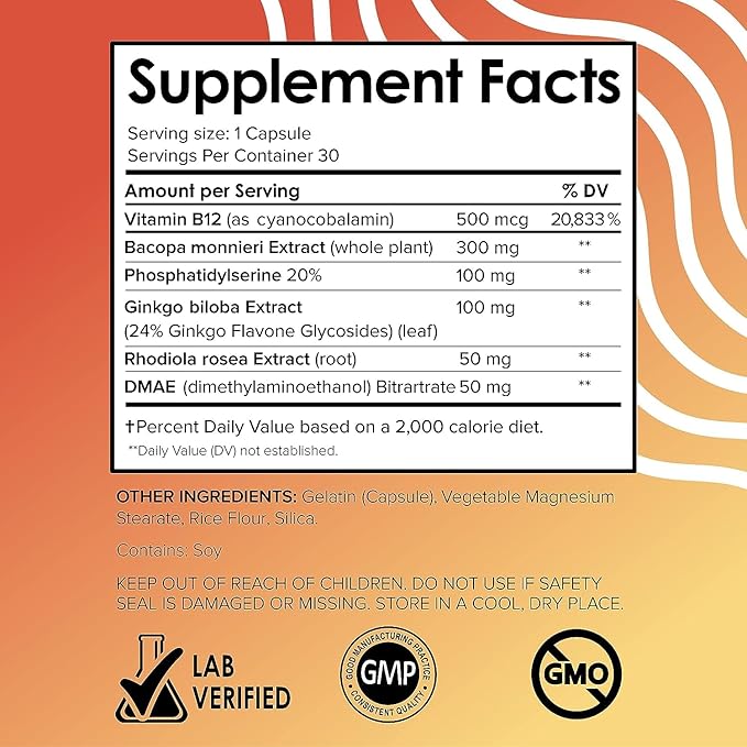 Vital Vitamins Brain Supplements for Memory and Focus (3 Pack) – Nootropic Brain Booster with Ginkgo Biloba, Rhodiola, B12 – Caffeine-Free Support for Adults & Seniors – 90-Day Supply