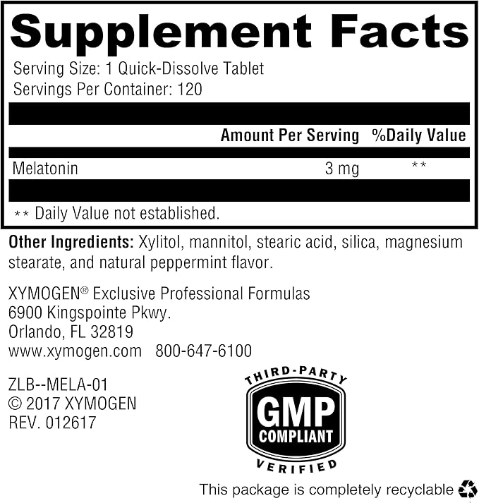 XYMOGEN Melatonin - Peppermint Lozenges - 3mg Melatonin Supplement for Nighttime, Antioxidant + Immune Support (120 Quick-Dissolve Tablets)