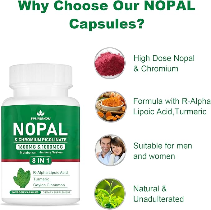 Super Nopal 1600mg, Prickly Pear Supplement with R-Alpha Lipoic Acid, Turmeric,120 Capsules (60 Servings)