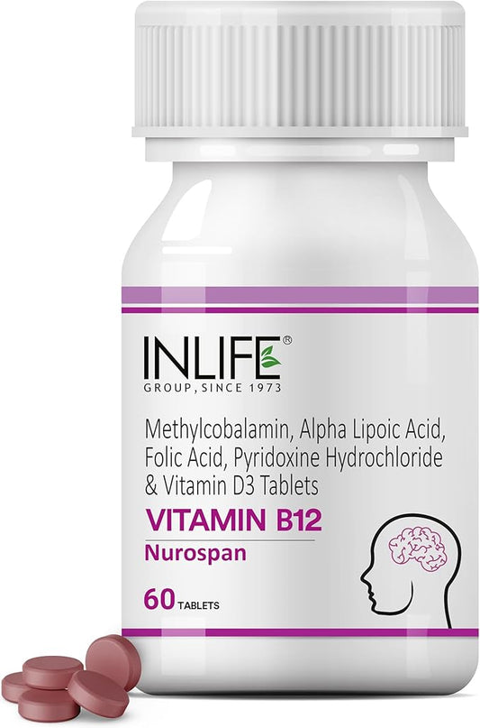 Nurospan Brain Vitamins B12 Methylcobalamin 1500mcg, ALA (Alpha Lipoic Acid), Folic Acid & Vitamin D3 for Energy | Vegetarian Brain Supplements for Memory and Focus | GMP Tested - (60 Count)