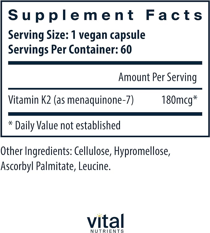 Vital Nutrients Vitamin K2-7 | Promotes Cardiovascular, Heart, Bone Health* | Vitamin K2 + MK7 | Vegan Vitamin K Supplement | Gluten, Dairy, Soy Free | Non-GMO | 60 Capsules