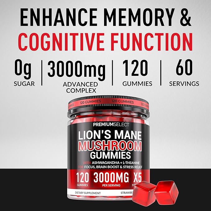 Lions Mane Gummies Sugar Free – 120 Gummies for Clarity & Brain Nutrition Support - Lion's Mane Mushroom 3000mg with Ashwagandha & L-Theanine – Brain & Mood Supplement – Focus, Memory, Calm