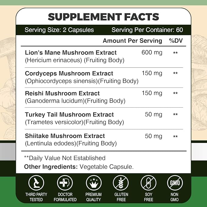 ZEBORA Lions Mane Supplement Capsules - Mushroom Supplement with Lions Mane, Cordyceps, Reishi, Turkey Tail, Shiitake - Lion's Mane Mushroom for Memory, Focus & Immune Support - 119 Vegan Capsules