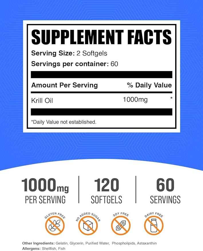 BulkSupplements.com Krill Oil 1000mg Softgels - Antarctic Krill Oil Supplement - Omega 3 Supplement, DHA Supplement - Gluten Free, 2 Softgels per Serving, 120 Count (Pack of 1)
