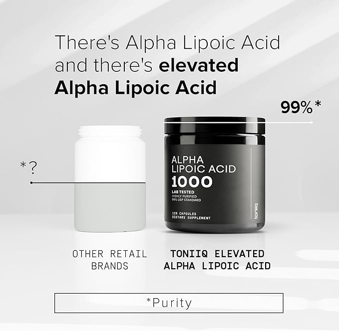 Toniiq 1000mg Ultra High Strength Alpha Lipoic Acid Capsules - Highly Purified 99%+ USP Standard - 120 Capsules ALA Supplement