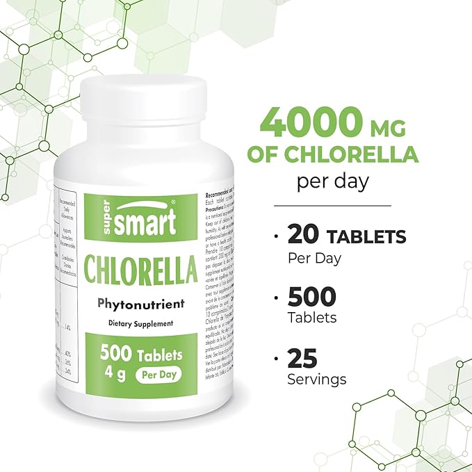 Supersmart - Chlorella Supplement 4 g per Day (Easy-to-Take) - Rich in Vitamin B2, B9, B12 & Iron - High Chlorophyll Concentration | Non-GMO & Gluten Free - 500 Tablets