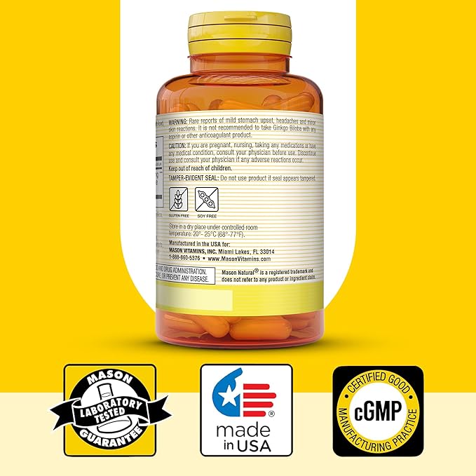 MASON NATURAL Ginkgo Biloba, Supports Brain Function & Mental Alertness, Herbal Supplement, 60 Capsules