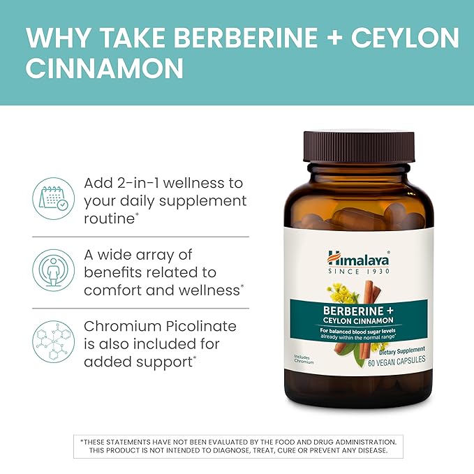 Himalaya Berberine + Ceylon Cinnamon from Indian Barberry Root, Includes Chromium, for Gastrointestinal, and Daily Metabolism Support, Vegan, Gluten Free, Herbal Supplement, 60 Capsules