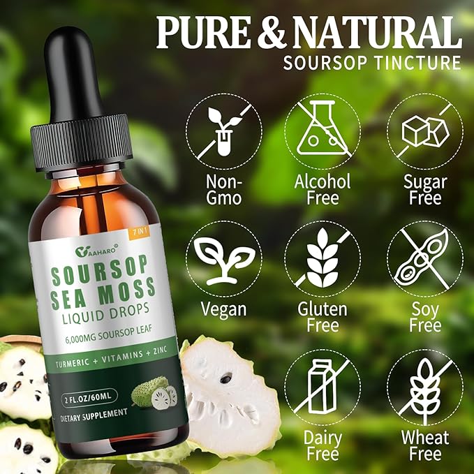 Soursop Graviola Liquid Drops - Organic Soursop Leave Extract with Sea Moss, Vitamin B6&C and Zinc - Soursop Bitters Liquid for Immune Boost, Relax and Sleep - Vegan, Non-GMO, Gluten Free - 2 Fl Oz