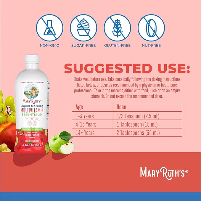 MaryRuth Organics Liquid Morning Multivitamin Essentials+ | Vitamin A C D E B6 B12 Biotin Zinc, Mens Womens Multivitamin, Immune Support, Beauty | Sugar Free | Vitamins for Ages 1+ | Vegan | 32 Fl Oz