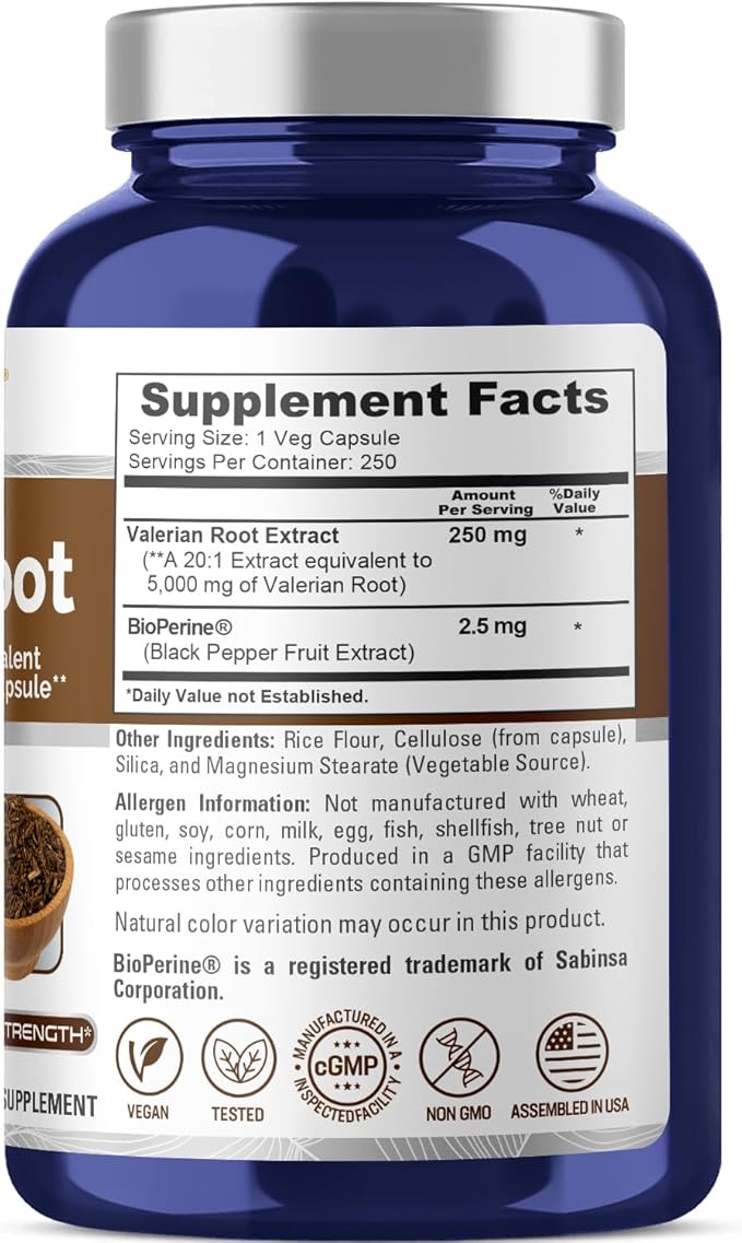 NusaPure Valerian Root 20:1 Extract, 250 mg Equivalent to 5000mg Per Veggie Caps, 250 Count, Vegan, Non-GMO, Bioperine