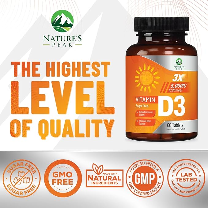 Vitamin D3 5000iu (125 mcg) Immune Health Support - High Potency Vitamin D Dietary Supplement for Bone, Teeth, Muscle - Nature's VIT D, Vegan, Gluten Free, Raspberry Flavor - 60 Chewable Tablets