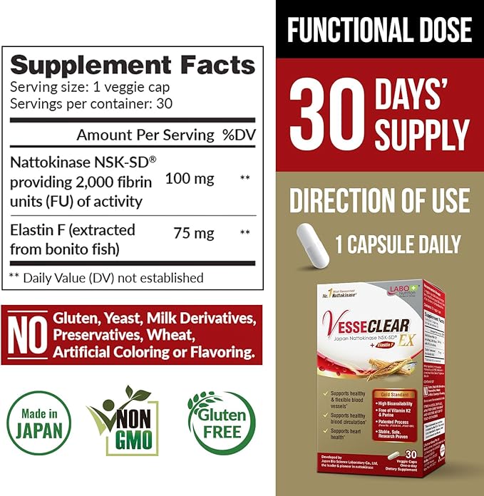 LABO Nutrition VesseCLEAR EX: Nattokinase NSK-SD+Elastin F for Clean & Flexible Blood Vessel. Japan's Most Clinically Studied, Functional Dose, Acid-Resistant/Delayed Release Capsules, 90 Count
