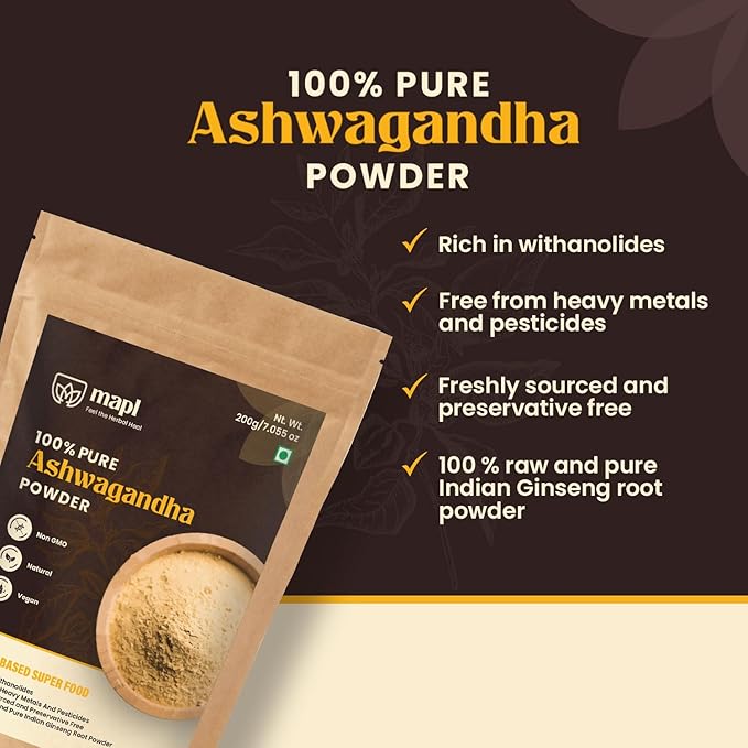 MAPL Organic Ashwagandha Powder (Indian Ginseng) 7.05 Ounces - Premium Quality, Pure and Natural Ingredients to Support Health