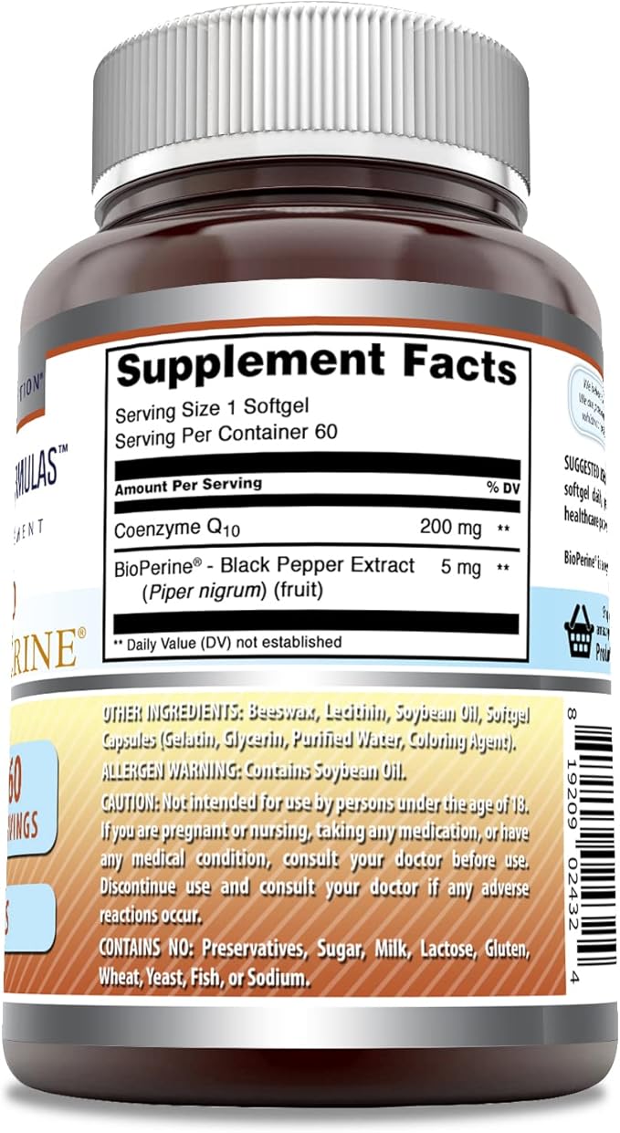 Amazing Formulas CoQ10 with Bioperine Supplement | 200 Mg per Serving | 60 Softgels | Non-GMO | Gluten-Free | Made in USA
