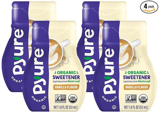 Pyure Organic Liquid Vanilla Stevia Drops | Stevia Liquid Sweetener Keto Sugar Substitutes | Zero Calorie, Zero Sugar, Zero Carb | Plant-Based Sugar Free Liquid Stevia Extract |1.8 oz (4 Pack)