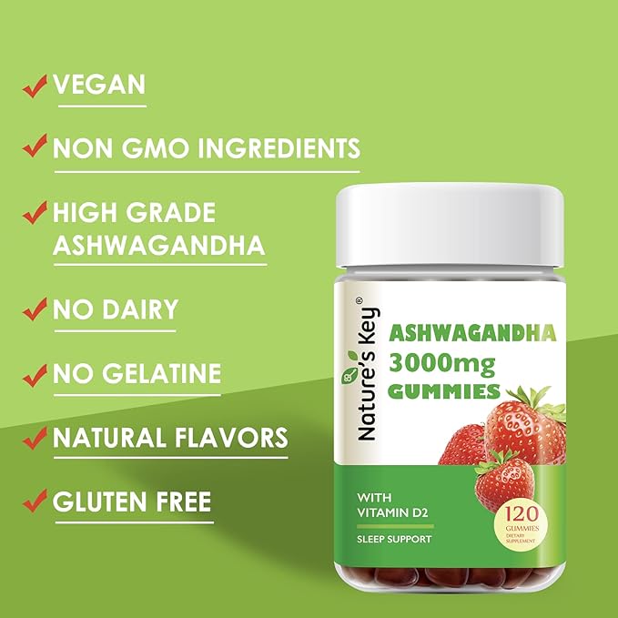 Nature's Key Ashwagandha Gummies, High Potency Ashwagandha Root Extract with Vitamin D2, for Men & Women, Stress, Calm Mood & Cognition, Strawberry Flavor (120 Count (Pack of 1)