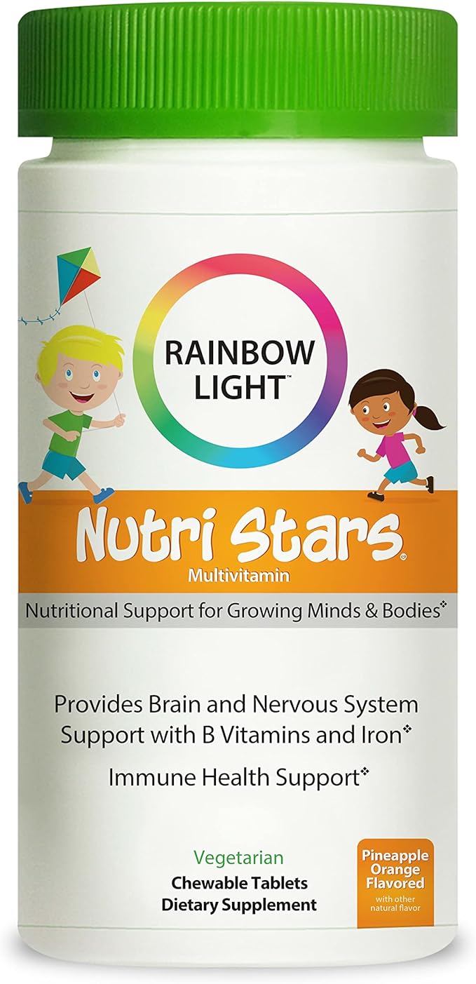 Rainbow Light Multivitamins for Kids, Vitamin B, Zinc & Iron, Prebiotics, Nutri Stars Provides Brain & Nervous System Support, Pineapple Orange, 120 Chewable Tablets