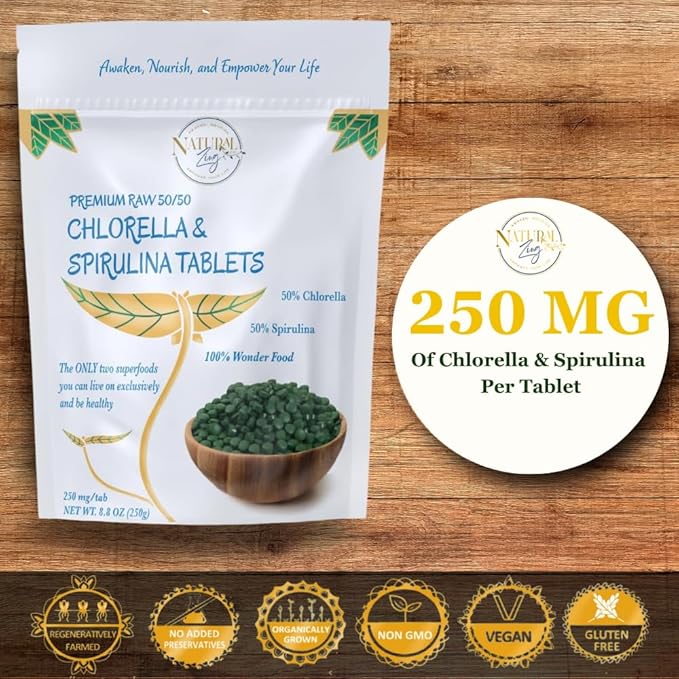 NaturalZing 100% Pure Chlorella/Spirulina Tablets | 1000 250mg Tablets | 60 Servings | 60% Protein | Vegan Protein | Omega 3s | Alkaline | Chlorophyll | Cracked Cell | Grown with Sunlight | Taiwanese