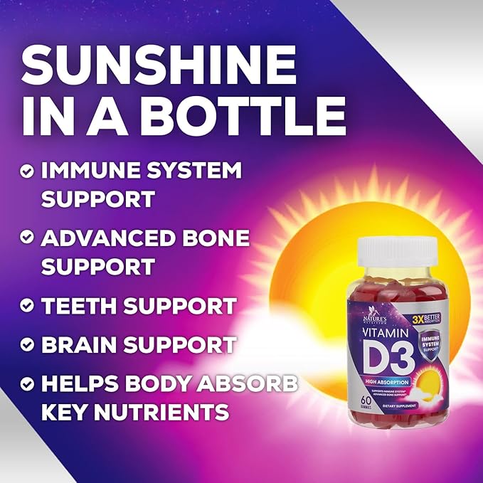 Vitamin D3 Supplement Gummy 5000 IU (125 mcg) Dietary Vitamins D for Men & Women - Bone, Teeth, Muscle & Immune Health Support, High Potency VIT D3 Nature's Non-GMO & Gluten Free - 60 Gummies