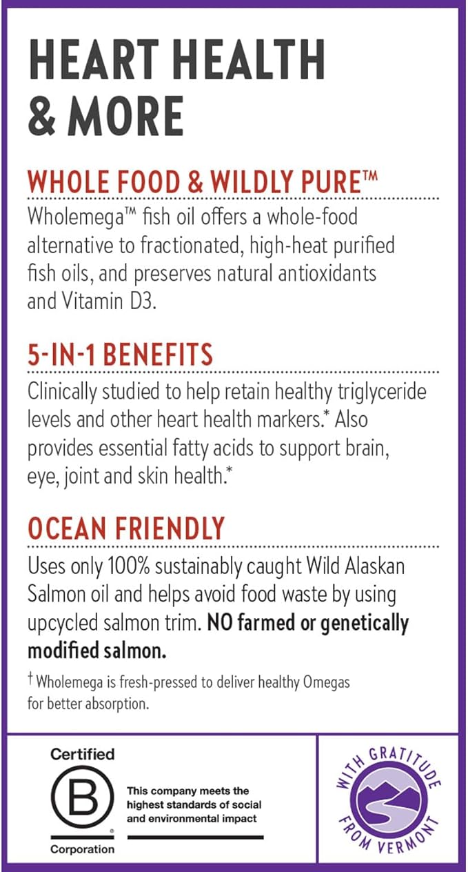New Chapter Wholemega Fish Oil Supplement - Wild Alaskan Salmon Oil with Omega-3 + Vitamin D3 + Astaxanthin + Sustainably Caught - 60 ct, 1000mg Softgels