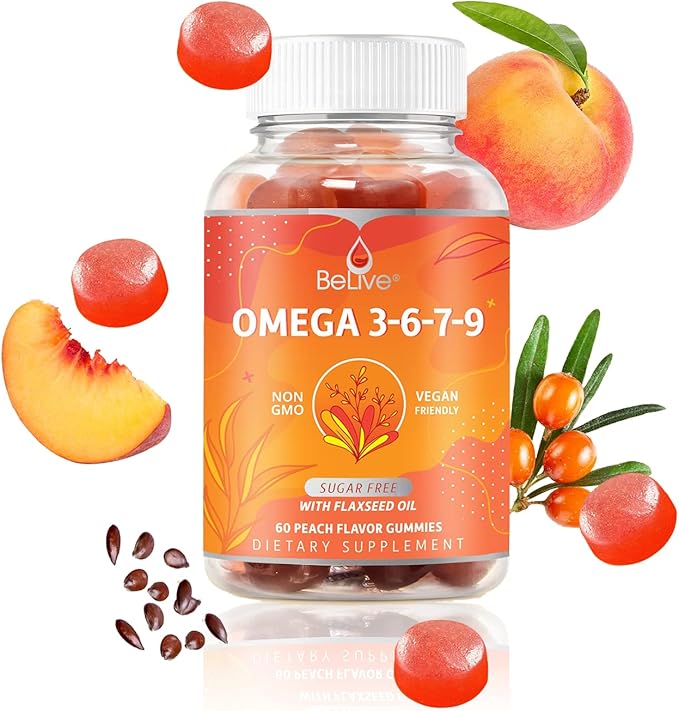 BeLive Organic Omega 3 Gummies - Omega 3 6 9 7 DHA & EPA from Flaxseed Oil & Sea Buckthorn Fruit Oil, Vegan, for Kids & Adults, Full Body, Brain & Eye Support, Sugar Free – Peach | 3-Pack