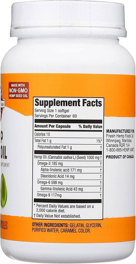 Manitoba Harvest Hemp Seed Oil Softgels, 2,475mg of Plant Based Omegas 3,6 & 9 per serving including GLA, Fish Oil Alternative, 60 Count (Pack of 1) Packaging May Vary