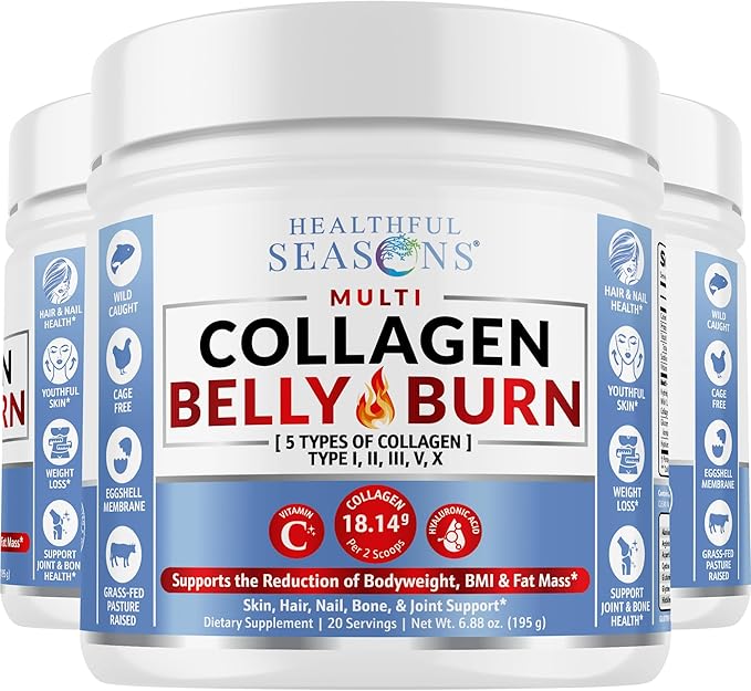 Multi Collagen Belly Burn: Hydrolyzed Peptides Powder with Hyaluronic Acid and Vitamin C + L-Carnitine and Glucomannan - Unflavored